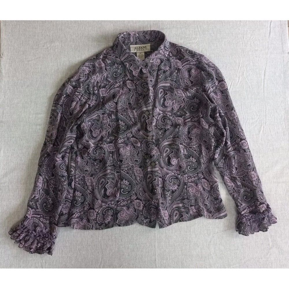 Alfani Blouse Womens 12 P Purple Paisely Collared Long Sleeve Buttons Pure Silk